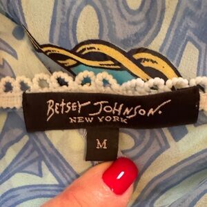 Betsey Johnson Blue & Aqua Swirl Top with White Crochet Trim